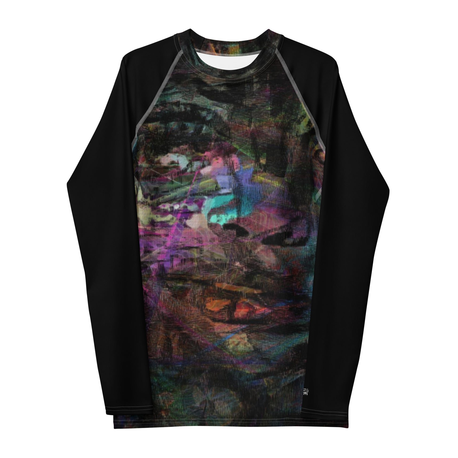 Hipyfi Men’s Graphic Rash Guard with bold abstract brushstroke art in vibrant colors for surfing, swimming, and fitness. Front-5