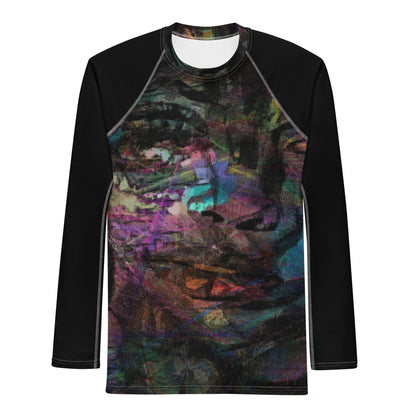 Hipyfi Men’s Graphic Rash Guard with bold abstract brushstroke art in vibrant colors for surfing, swimming, and fitness. Front-6