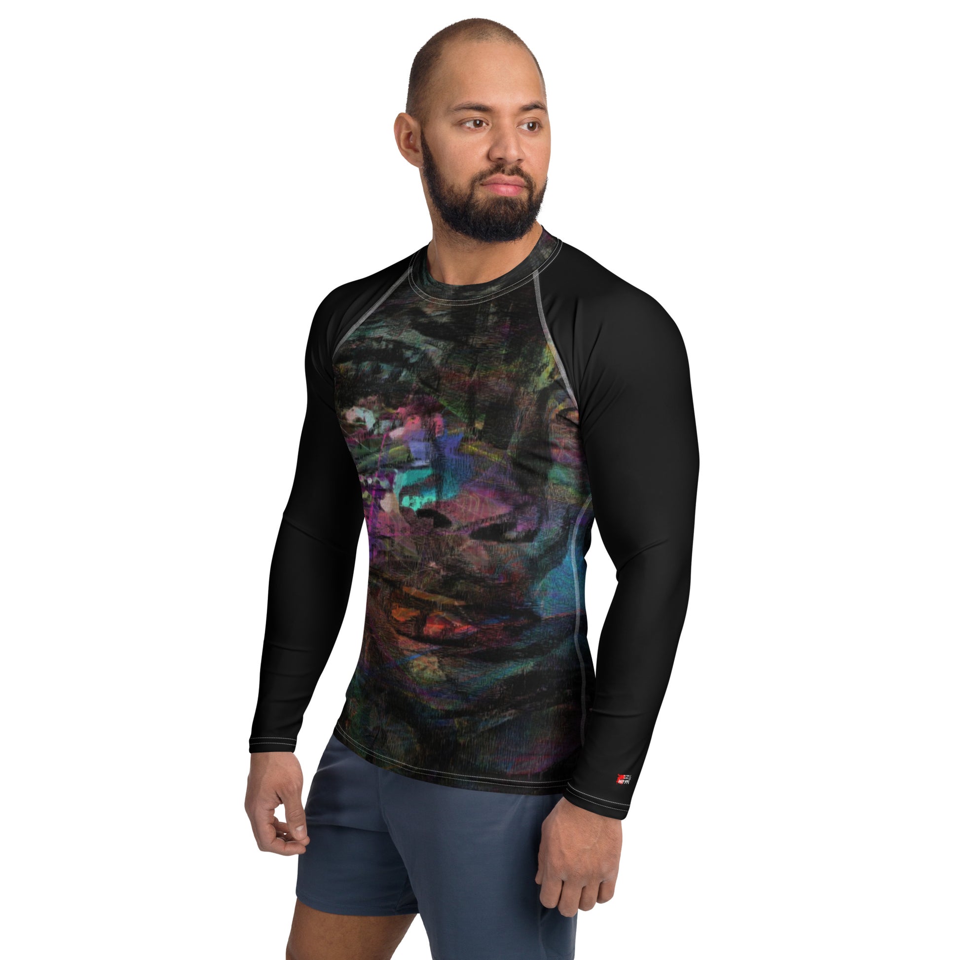 Hipyfi Men’s Graphic Rash Guard with bold abstract brushstroke art in vibrant colors for surfing, swimming, and fitness. Left-3