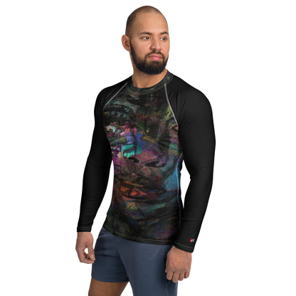 Hipyfi Men’s Graphic Rash Guard with bold abstract brushstroke art in vibrant colors for surfing, swimming, and fitness. Left-3
