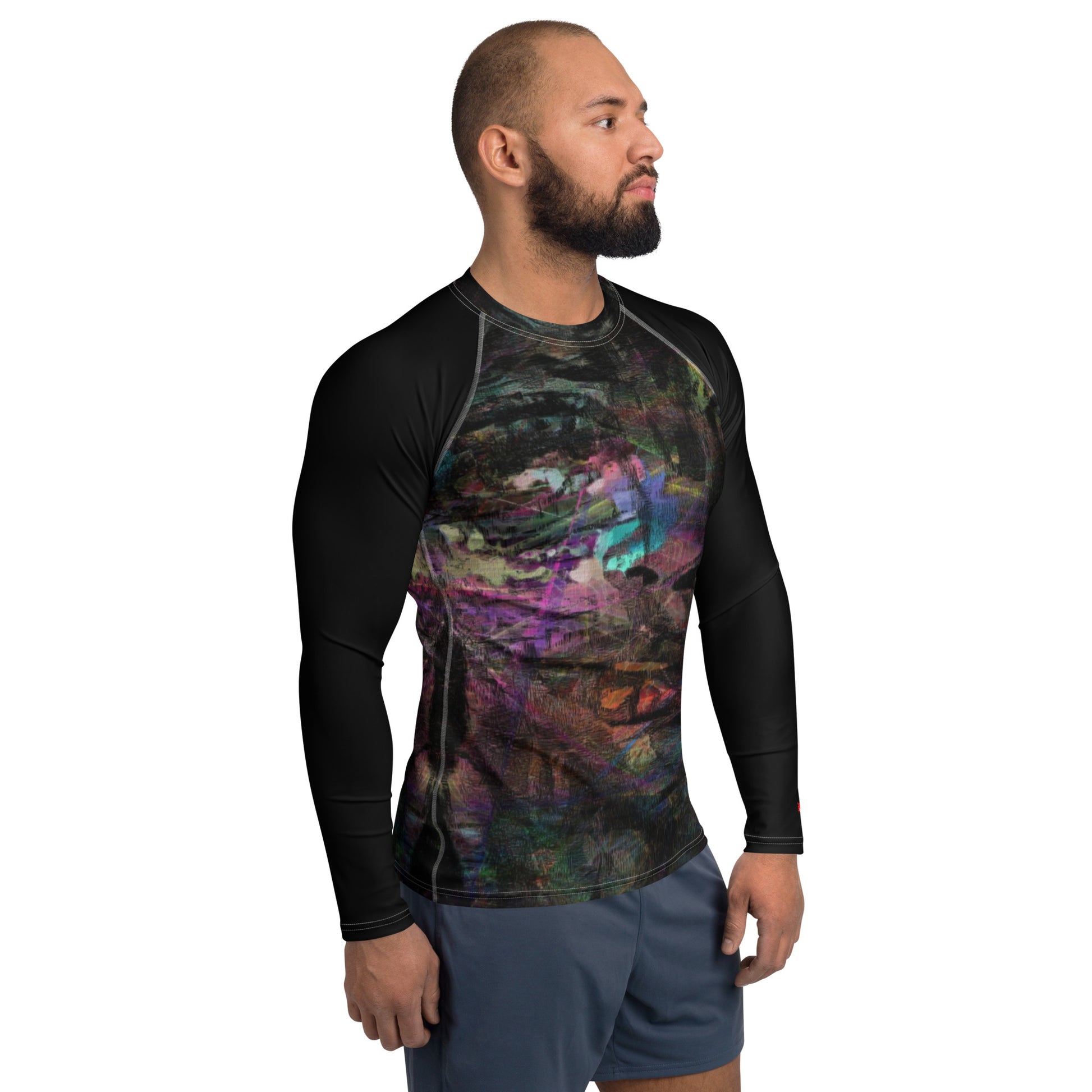 Hipyfi Men’s Graphic Rash Guard with bold abstract brushstroke art in vibrant colors for surfing, swimming, and fitness. Right-3