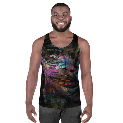 Hipyfi Chromatic Dreams Men's Tank Top featuring bold colors and dynamic brushstroke patterns, blending style and modern fashion. Front-3