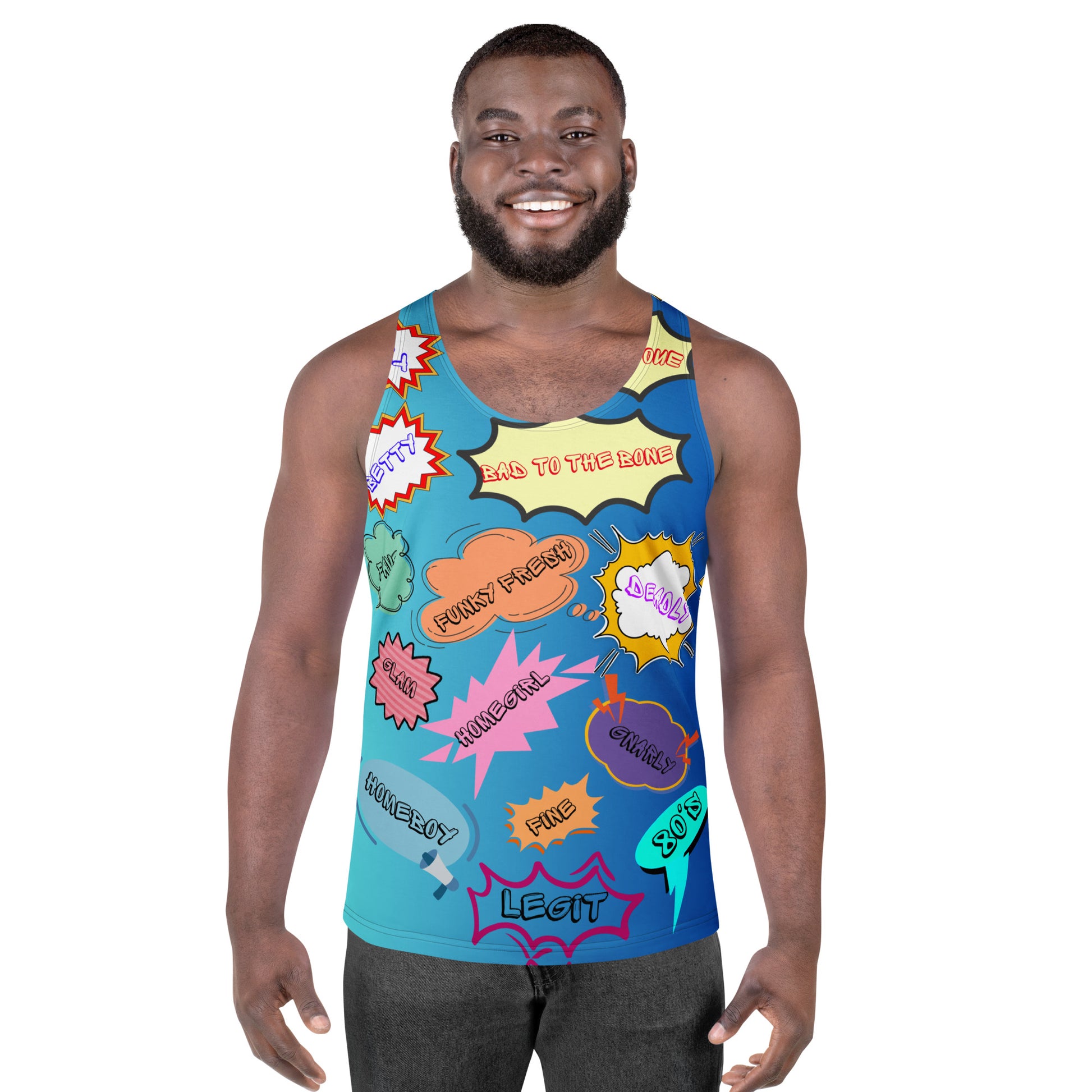 80s Pop Slang Men's Tank Top – Retro comic-style graphic sleeveless shirt by Hipyfi Clothes & Design. Front-4