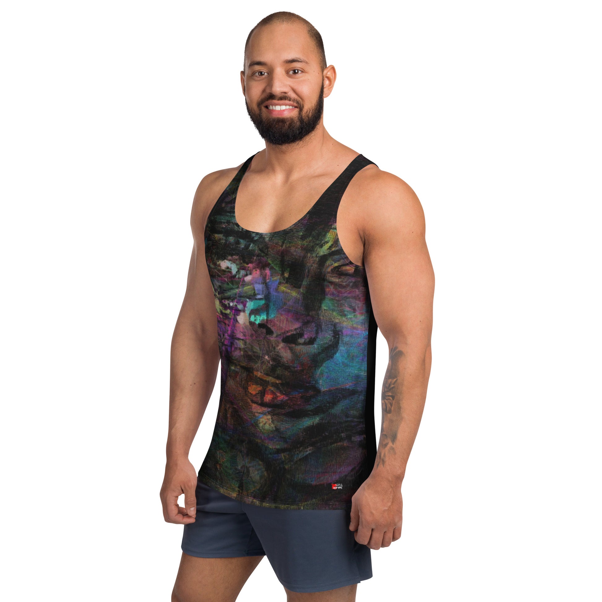 Hipyfi Chromatic Dreams Men's Tank Top featuring bold colors and dynamic brushstroke patterns, blending style and modern fashion. Left-front-2
