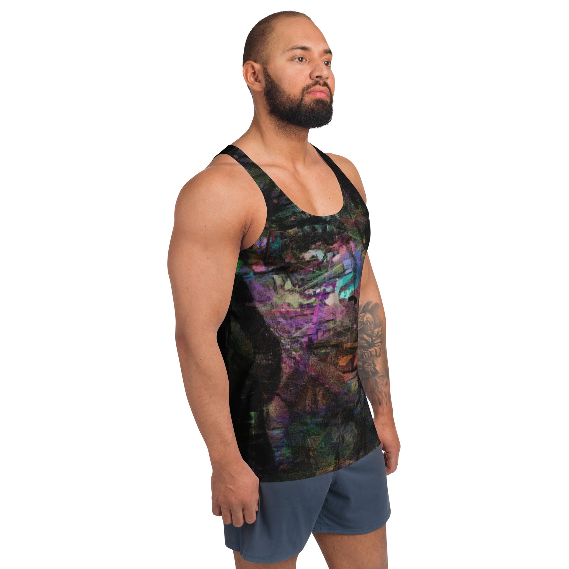 Hipyfi Chromatic Dreams Men's Tank Top featuring bold colors and dynamic brushstroke patterns, blending style and modern fashion. Right-front-2