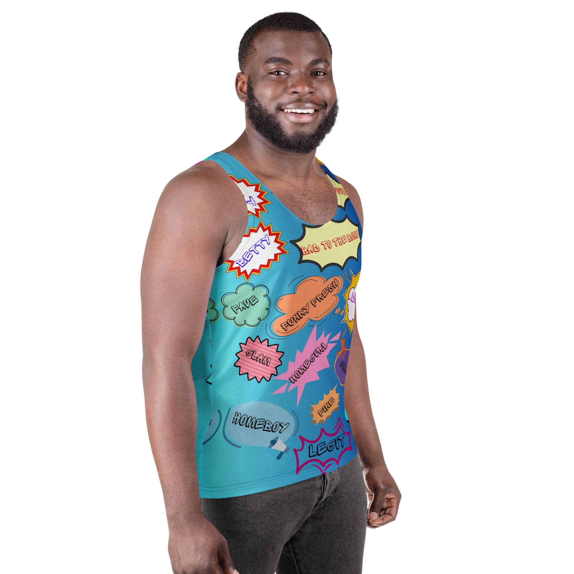 80s Pop Slang Men's Tank Top – Retro comic-style graphic sleeveless shirt by Hipyfi Clothes & Design. Right-Front-4