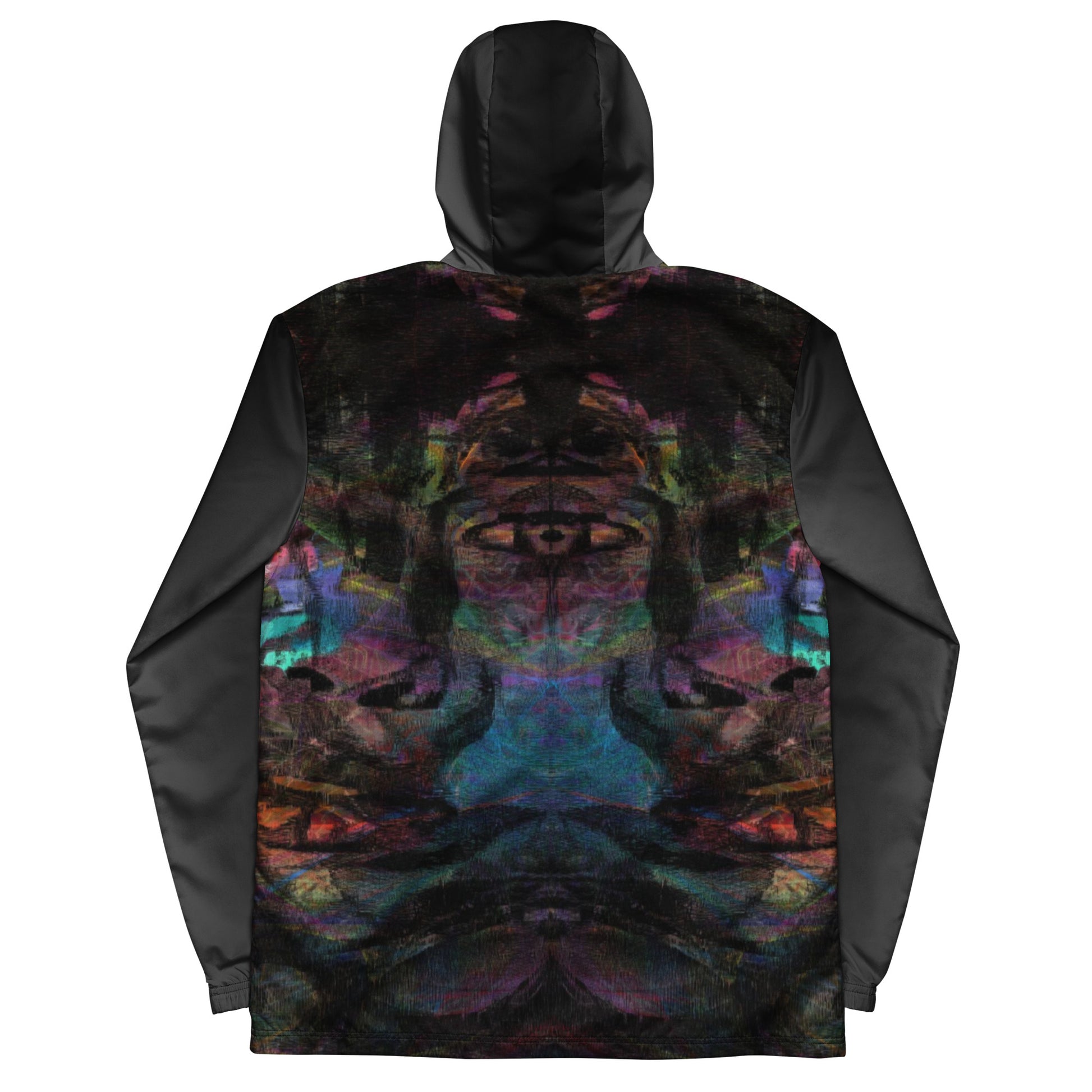 Hipyfi Chromatic Dreams Men’s Windbreaker: Bold abstract art jacket. Water-resistant, breathable streetwear for urban style. black-back-6