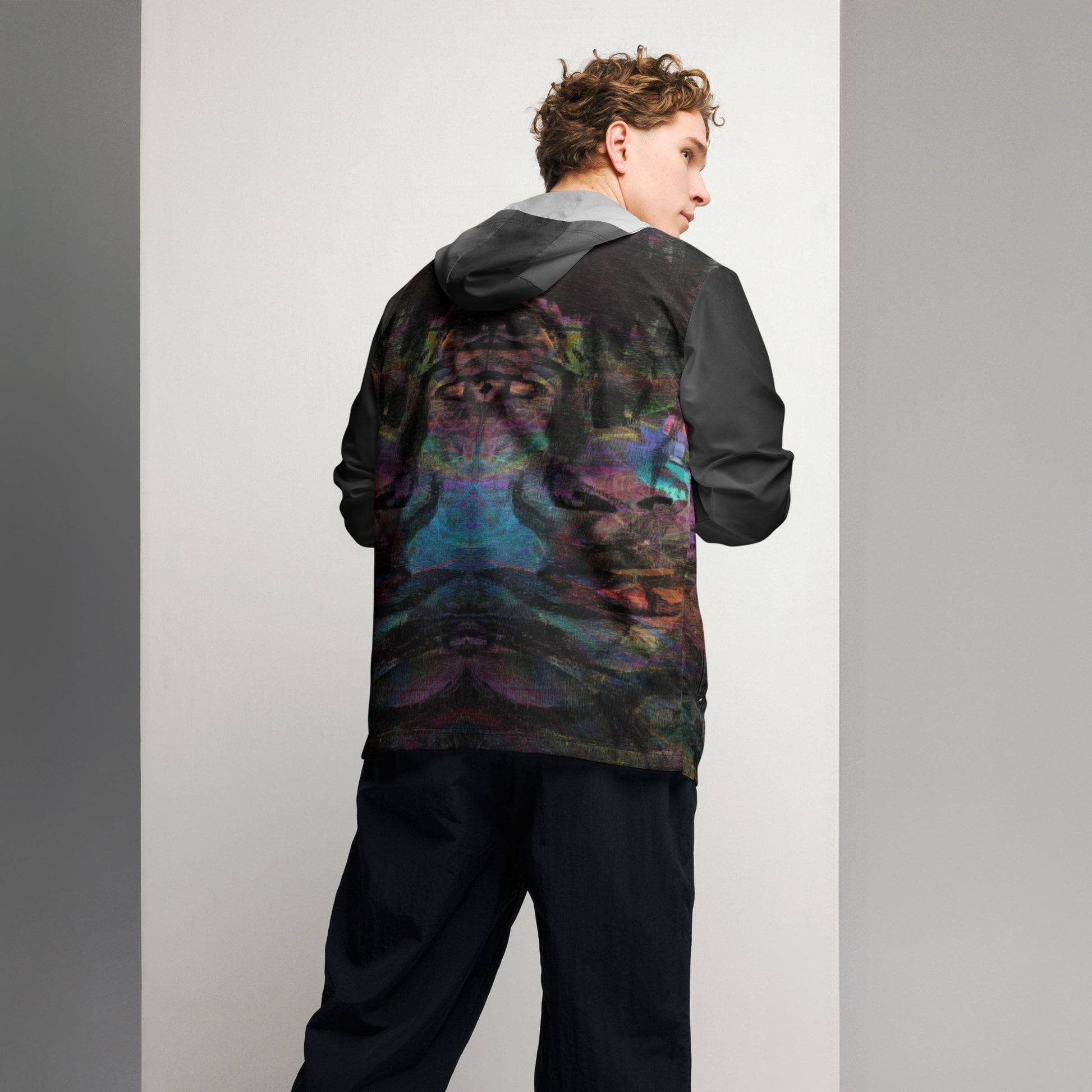 Hipyfi Chromatic Dreams Men’s Windbreaker: Bold abstract art jacket. Water-resistant, breathable streetwear for urban style. black-back