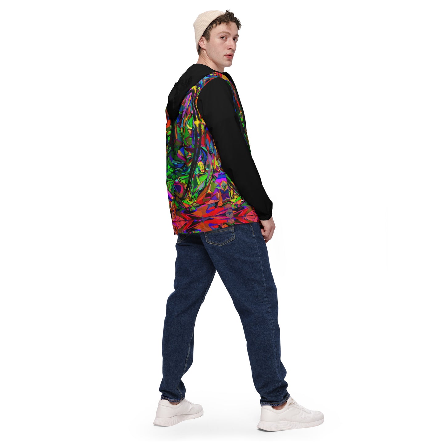 Hipyfi Neon Mythos Men's Windbreaker – vibrant abstract art print streetwear jacket with neon colors black-back-5
