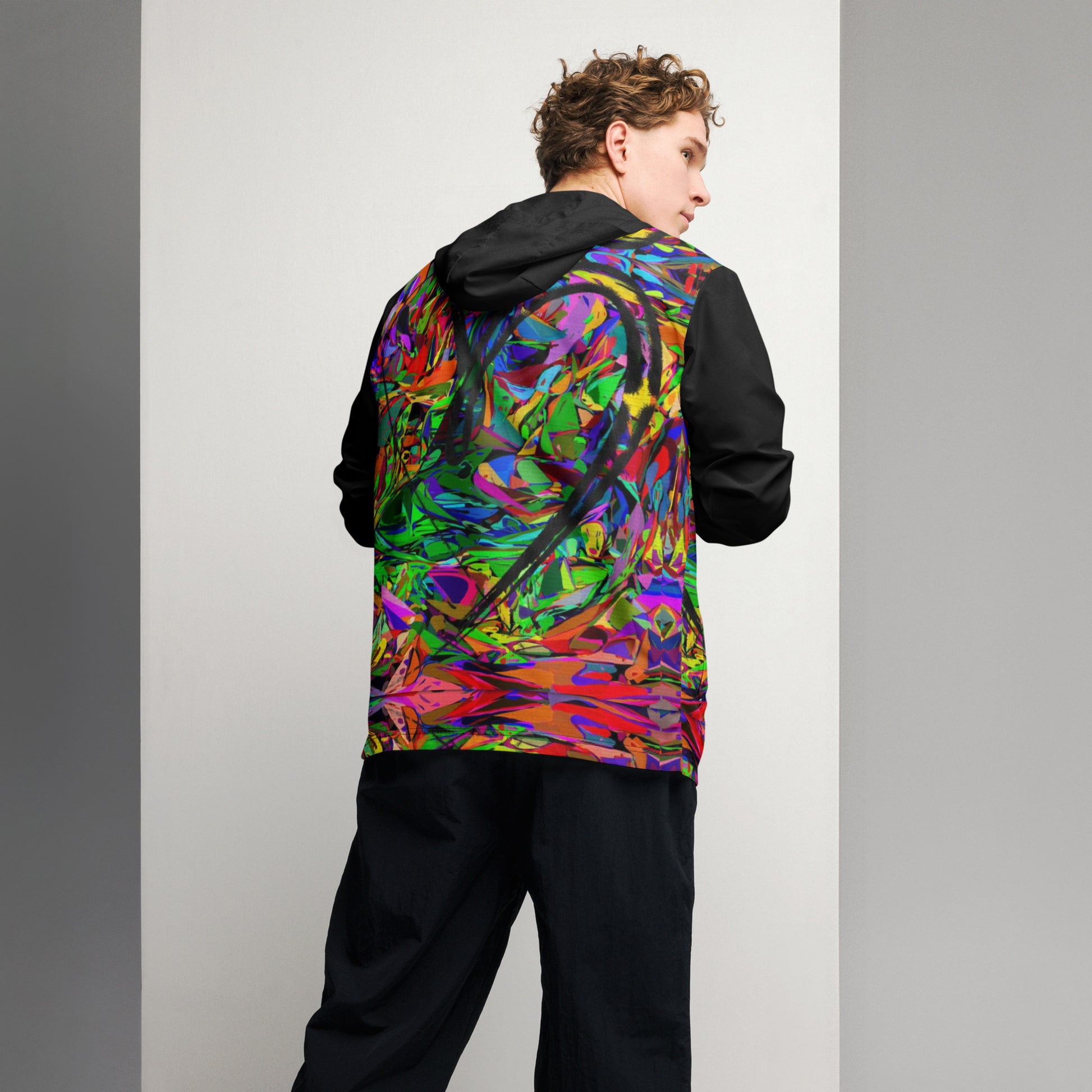 Hipyfi Neon Mythos Men's Windbreaker – vibrant abstract art print streetwear jacket with neon colors black-back
