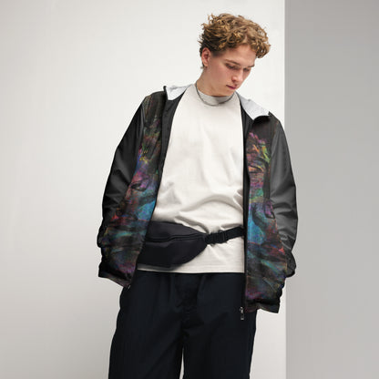 Hipyfi Chromatic Dreams Men’s Windbreaker: Bold abstract art jacket. Water-resistant, breathable streetwear for urban style. black-front-2
