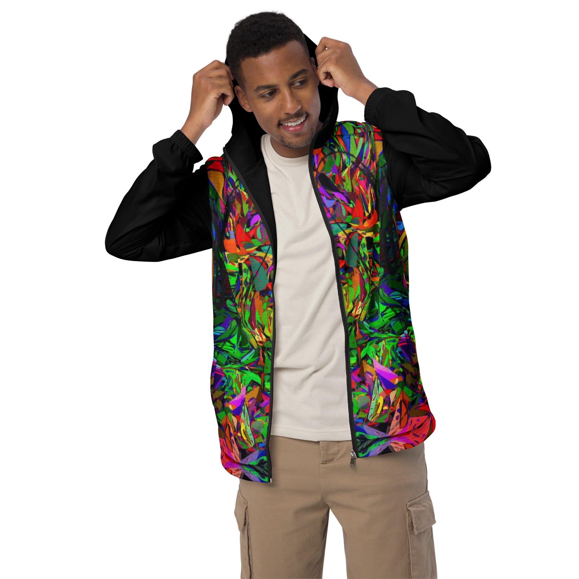 Hipyfi Neon Mythos Men's Windbreaker – vibrant abstract art print streetwear jacket with neon colors black-front-2