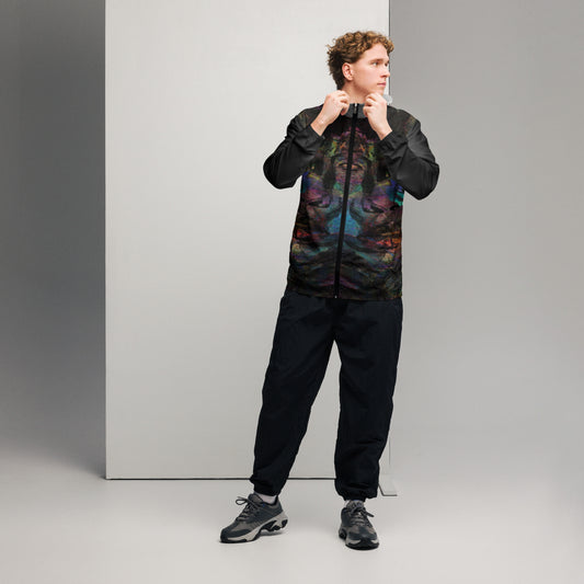 Hipyfi Chromatic Dreams Men’s Windbreaker: Bold abstract art jacket. Water-resistant, breathable streetwear for urban style. black-front