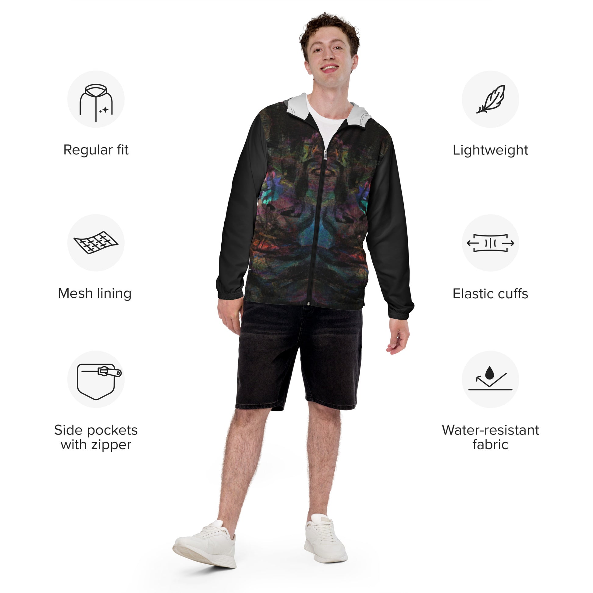 Hipyfi Chromatic Dreams Men’s Windbreaker: Bold abstract art jacket. Water-resistant, breathable streetwear for urban style. Product-info
