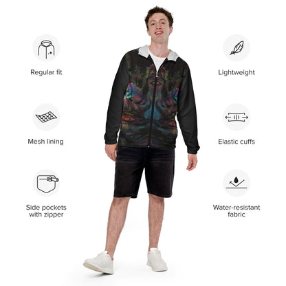 Hipyfi Chromatic Dreams Men’s Windbreaker: Bold abstract art jacket. Water-resistant, breathable streetwear for urban style. Product-info
