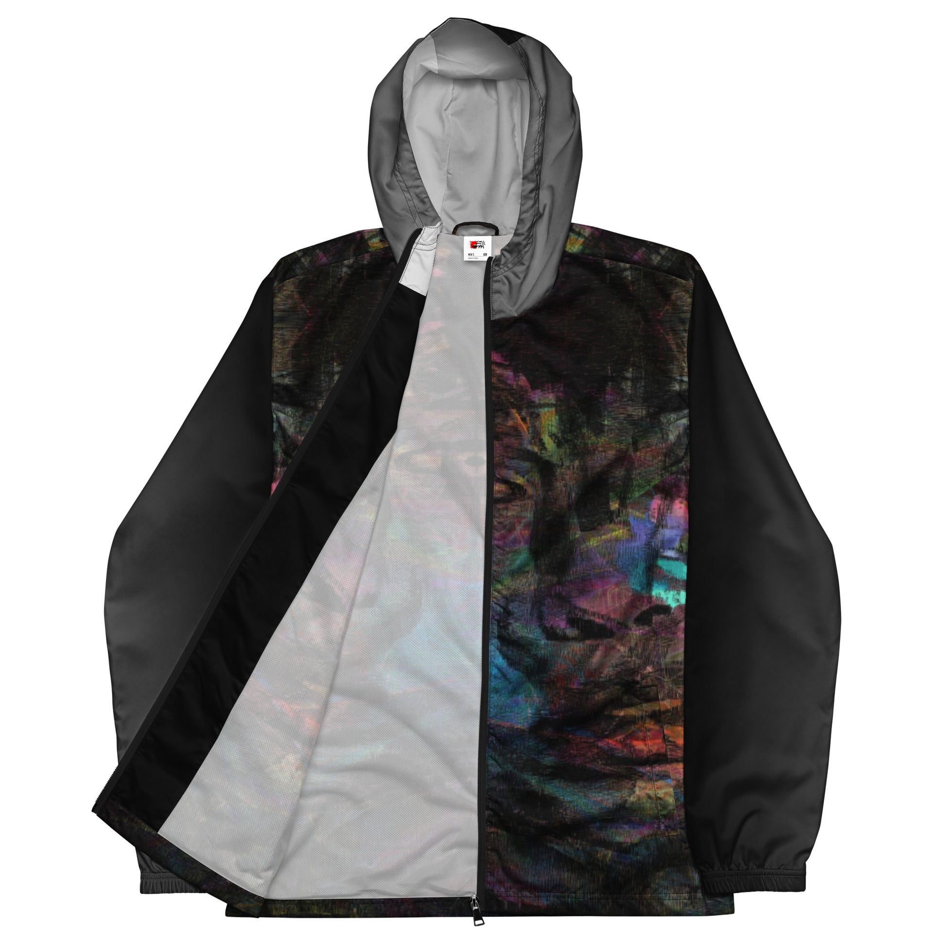 Hipyfi Chromatic Dreams Men’s Windbreaker: Bold abstract art jacket. Water-resistant, breathable streetwear for urban style. black-front-6