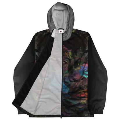 Hipyfi Chromatic Dreams Men’s Windbreaker: Bold abstract art jacket. Water-resistant, breathable streetwear for urban style. black-front-6