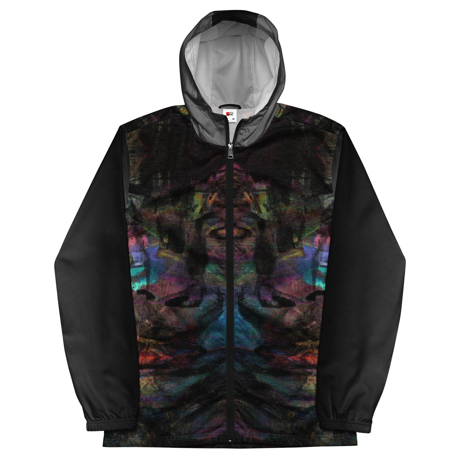 Hipyfi Chromatic Dreams Men’s Windbreaker: Bold abstract art jacket. Water-resistant, breathable streetwear for urban style. black-front-5
