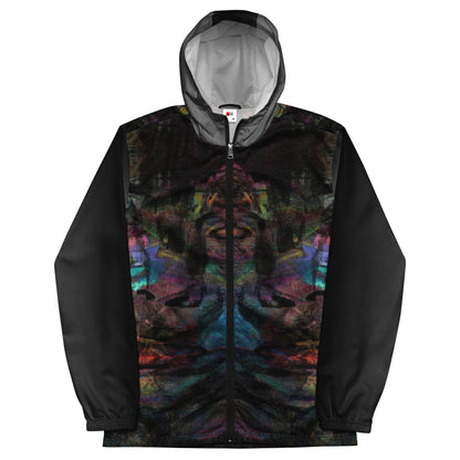 Hipyfi Chromatic Dreams Men’s Windbreaker: Bold abstract art jacket. Water-resistant, breathable streetwear for urban style. black-front-5