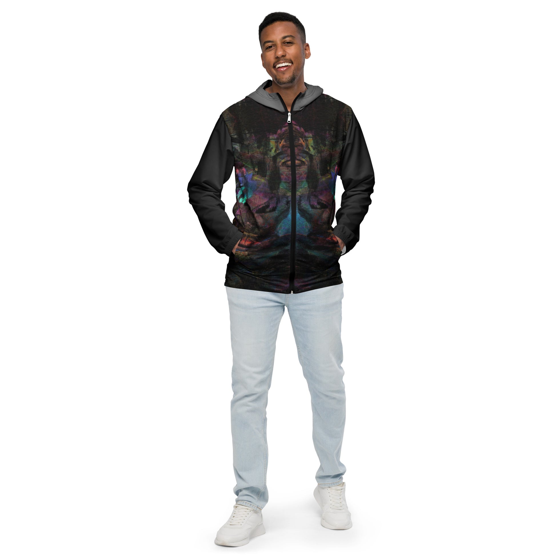 Hipyfi Chromatic Dreams Men’s Windbreaker: Bold abstract art jacket. Water-resistant, breathable streetwear for urban style. black-front-3