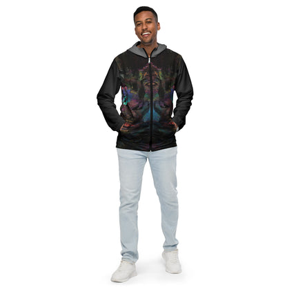 Hipyfi Chromatic Dreams Men’s Windbreaker: Bold abstract art jacket. Water-resistant, breathable streetwear for urban style. black-front-3