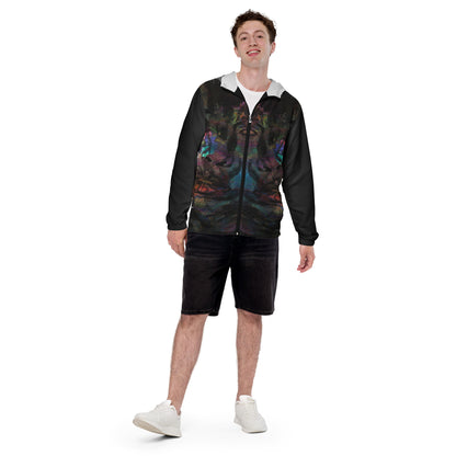 Hipyfi Chromatic Dreams Men’s Windbreaker: Bold abstract art jacket. Water-resistant, breathable streetwear for urban style. black-front-4