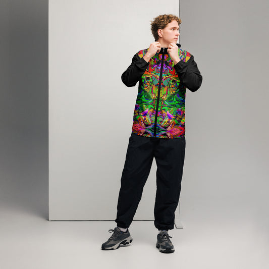 Hipyfi Neon Mythos Men's Windbreaker – vibrant abstract art print streetwear jacket with neon colors black-front