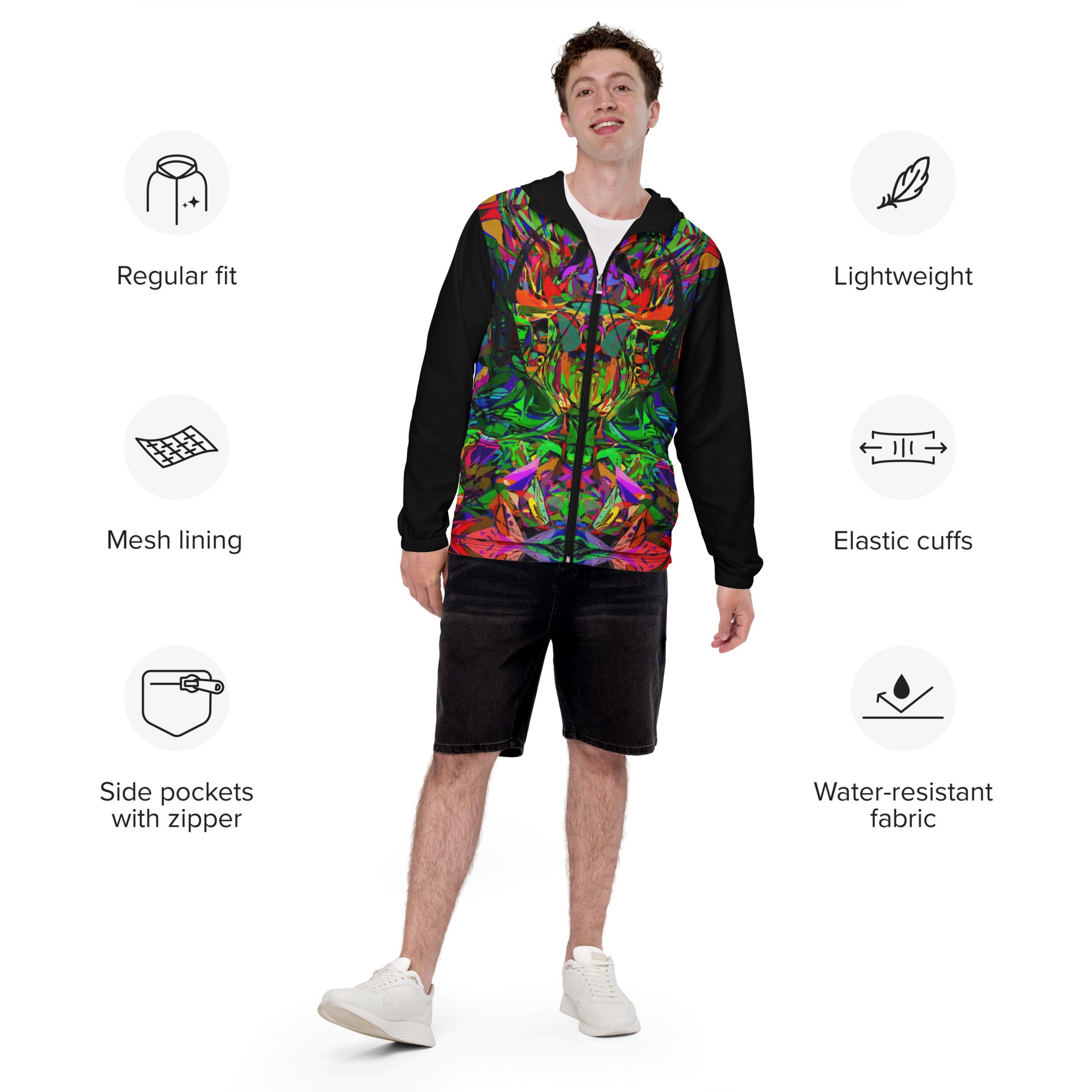 Hipyfi Neon Mythos Men's Windbreaker – vibrant abstract art print streetwear jacket with neon colors product-info