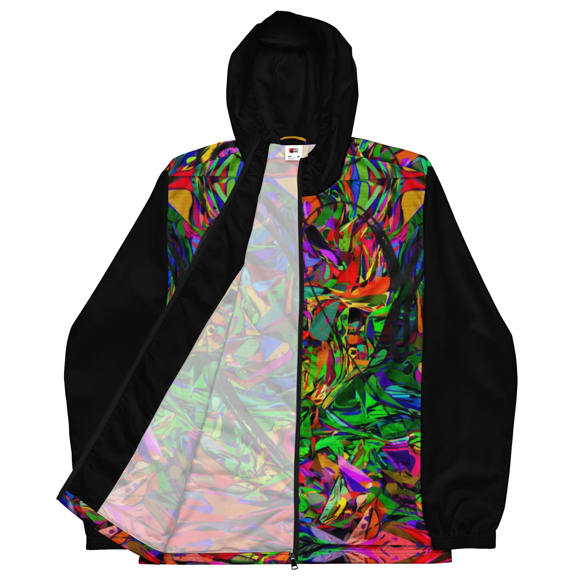 Hipyfi Neon Mythos Men's Windbreaker – vibrant abstract art print streetwear jacket with neon colors black-front-7