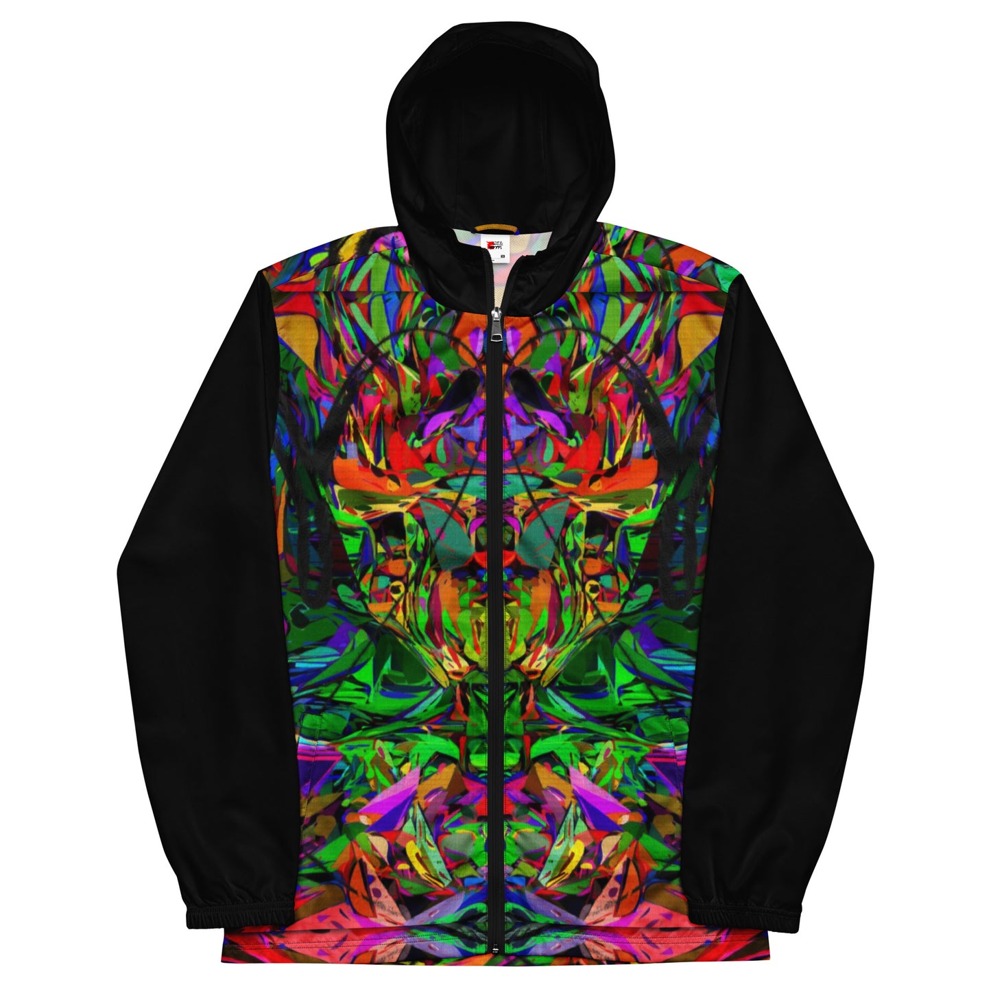 Hipyfi Neon Mythos Men's Windbreaker – vibrant abstract art print streetwear jacket with neon colors black-front-5