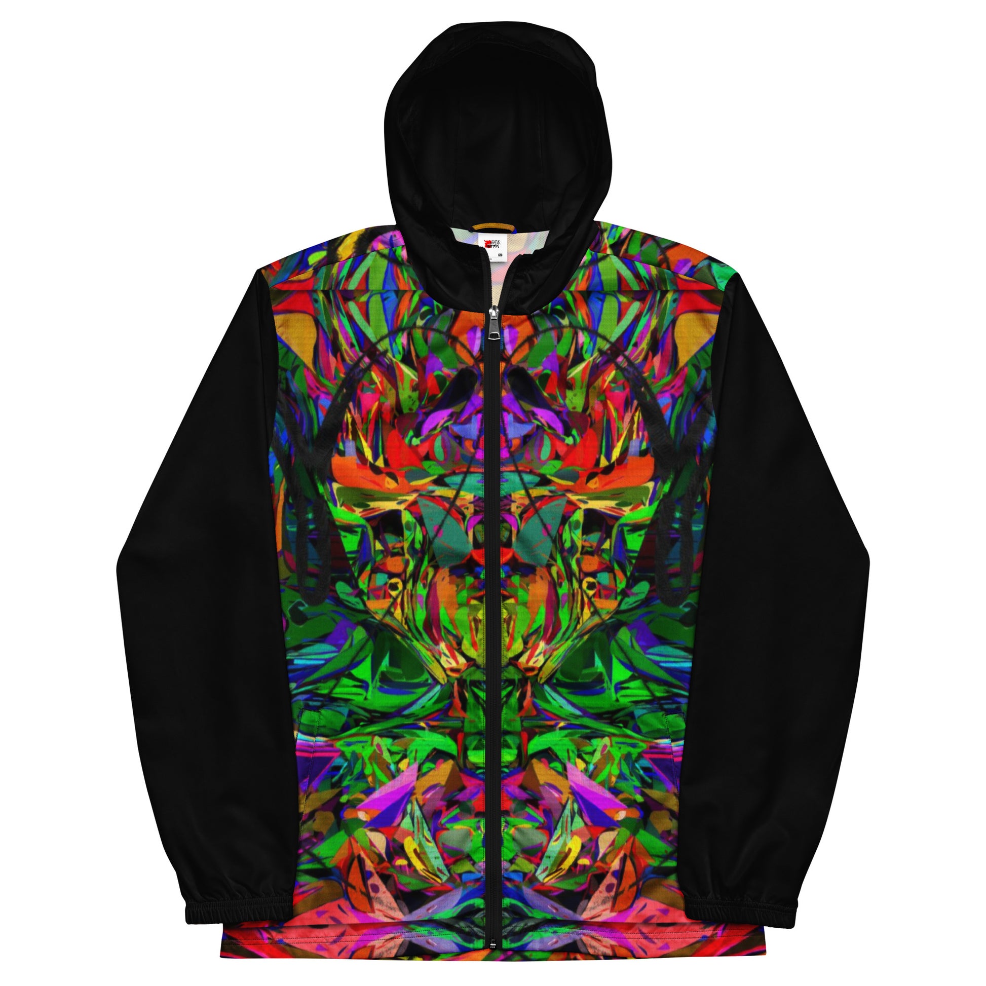 Hipyfi Neon Mythos Men's Windbreaker – vibrant abstract art print streetwear jacket with neon colors black-front-5