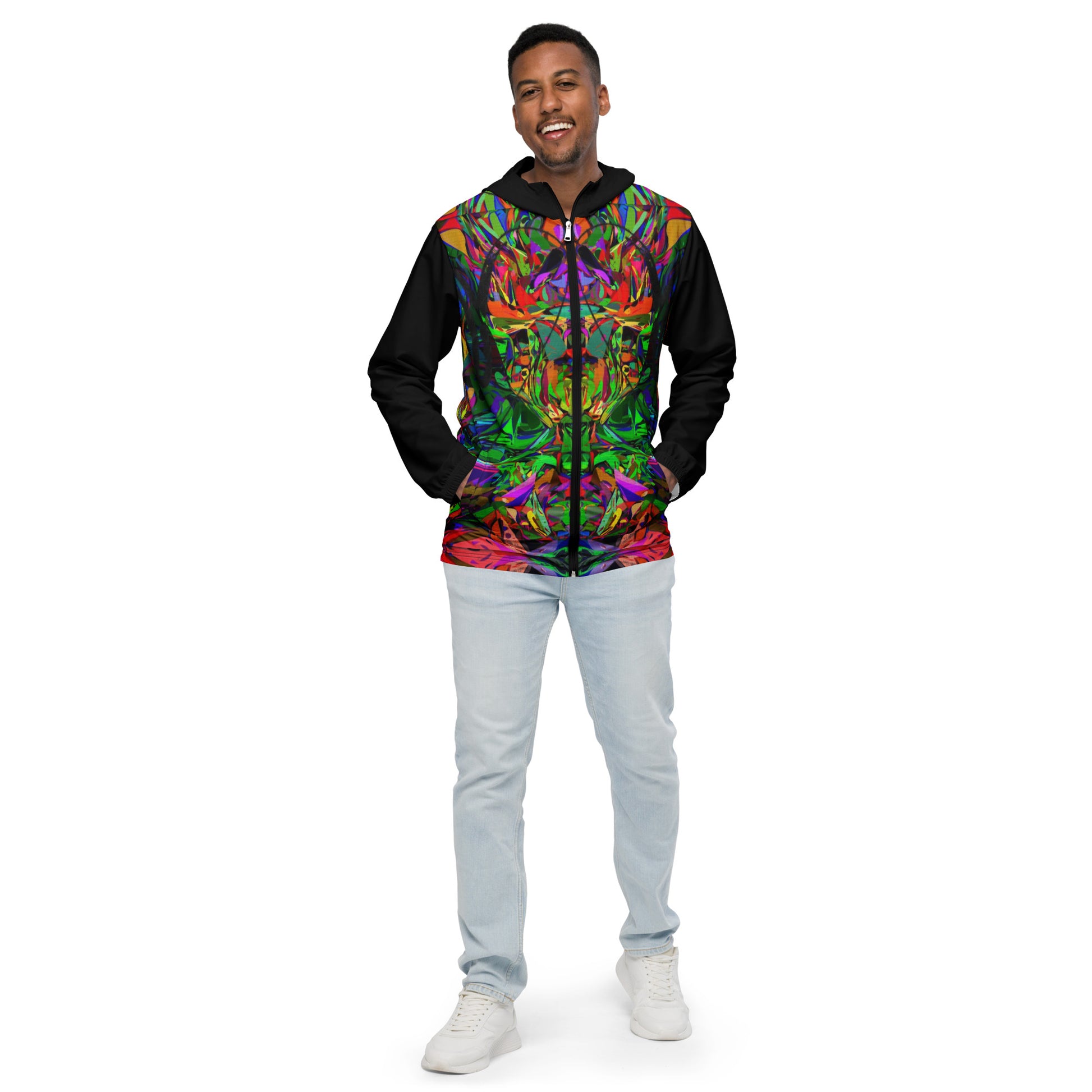 Hipyfi Neon Mythos Men's Windbreaker – vibrant abstract art print streetwear jacket with neon colors black-front-4