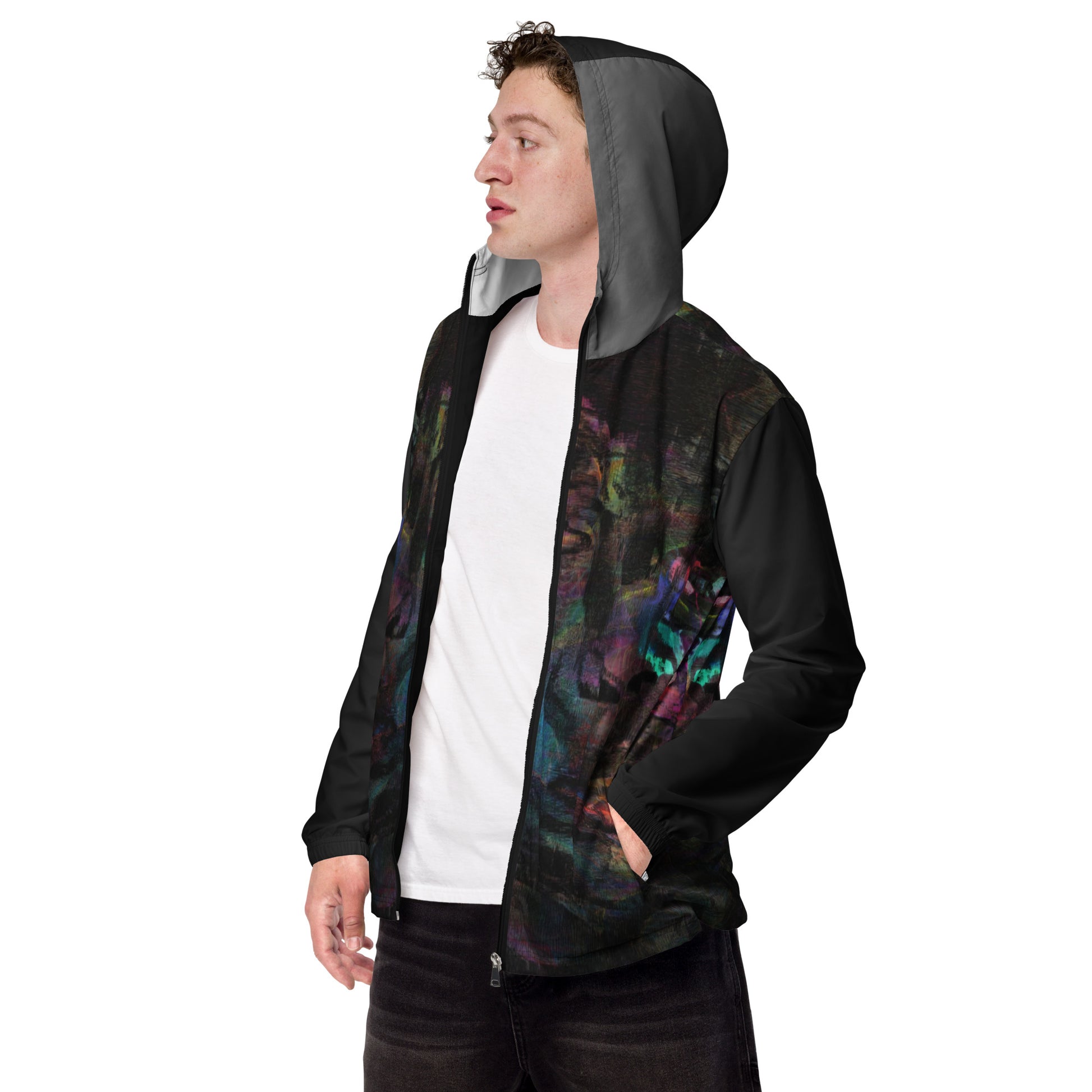Hipyfi Chromatic Dreams Men’s Windbreaker: Bold abstract art jacket. Water-resistant, breathable streetwear for urban style. black-left-front