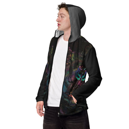 Hipyfi Chromatic Dreams Men’s Windbreaker: Bold abstract art jacket. Water-resistant, breathable streetwear for urban style. black-left-front