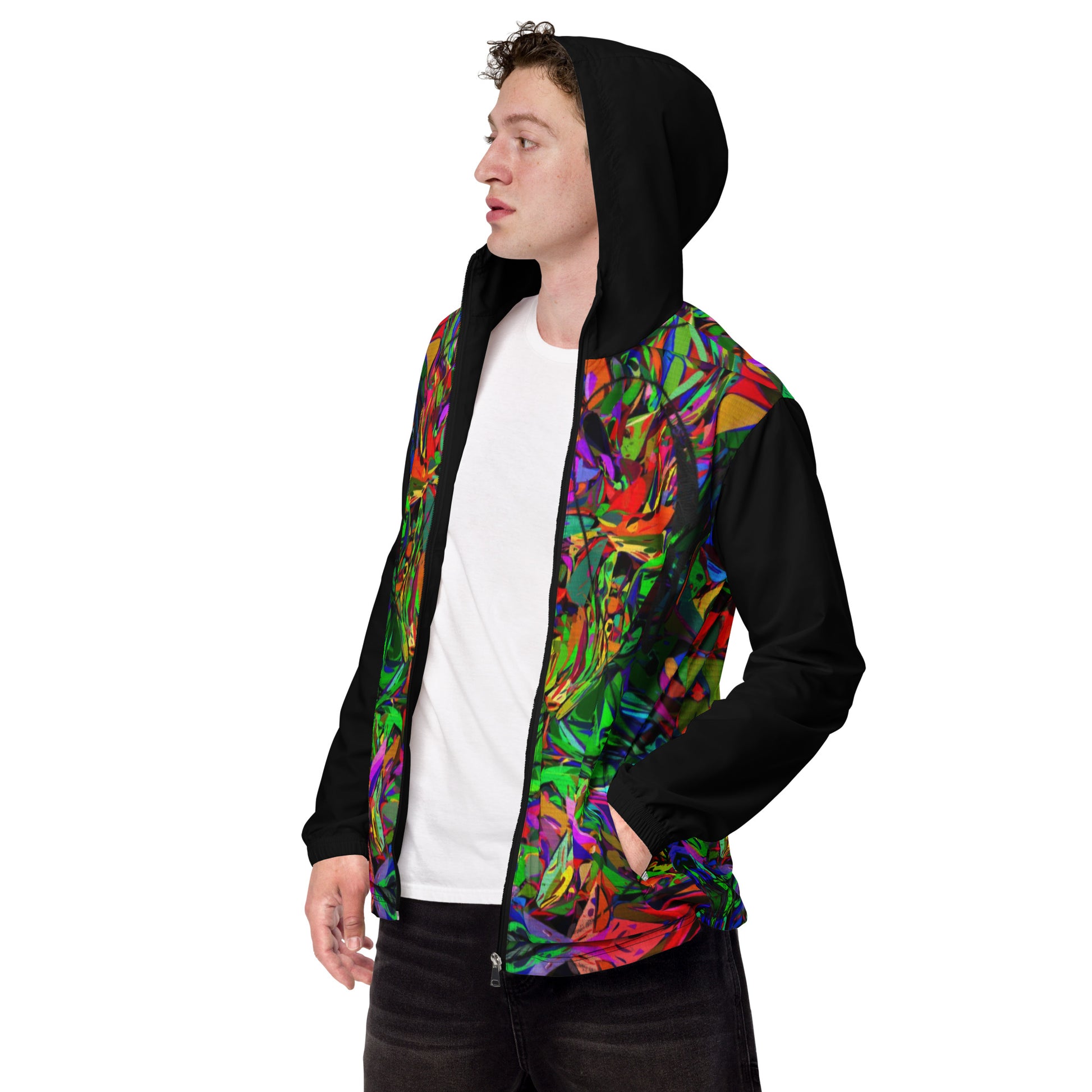 Hipyfi Neon Mythos Men's Windbreaker – vibrant abstract art print streetwear jacket with neon colors black-left