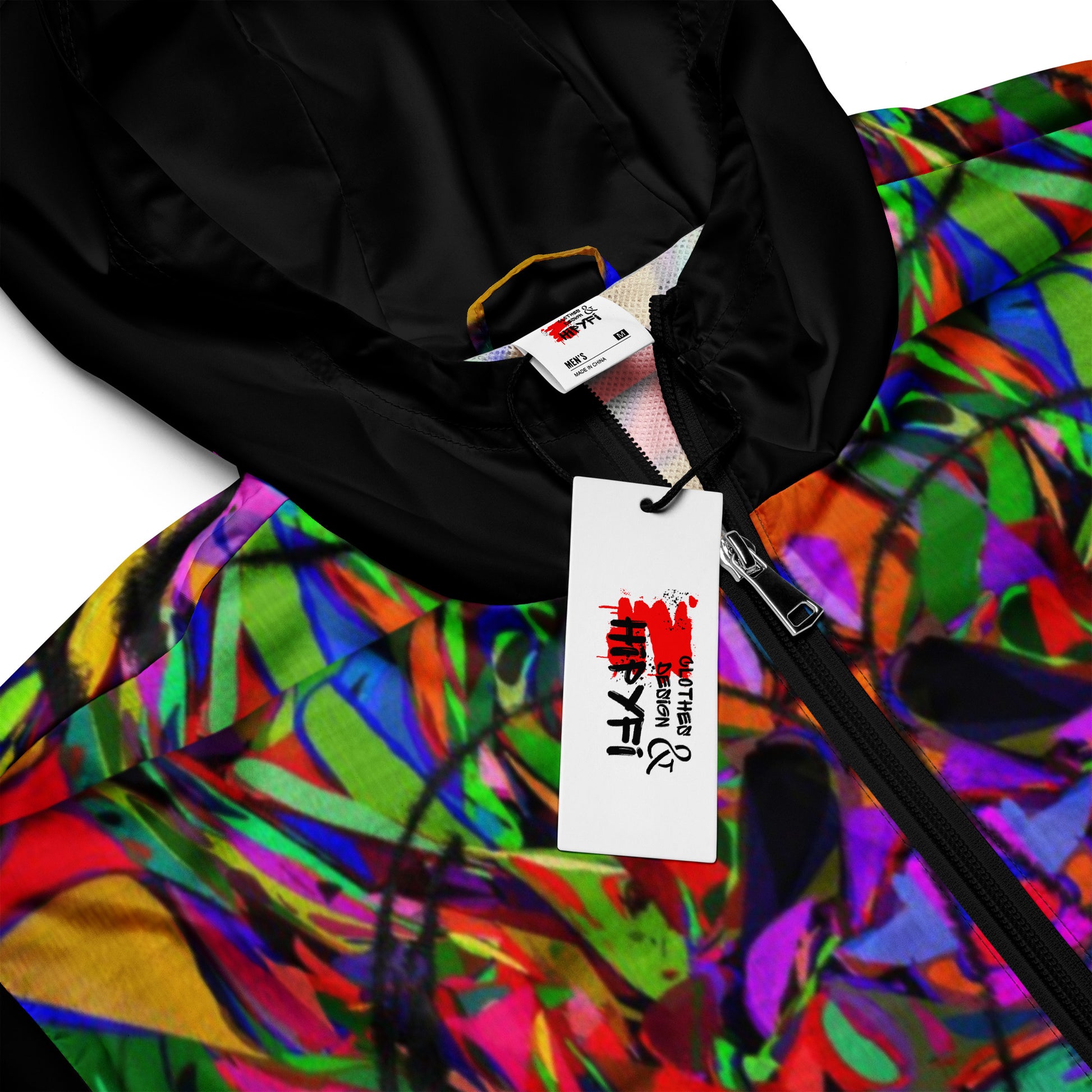 Hipyfi Neon Mythos Men's Windbreaker – vibrant abstract art print streetwear jacket with neon colors black-product-details