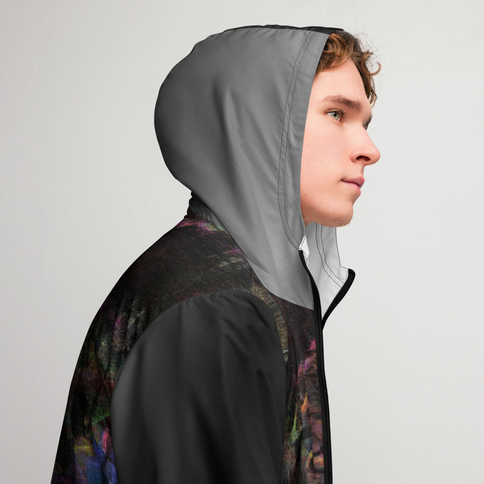 Hipyfi Chromatic Dreams Men’s Windbreaker: Bold abstract art jacket. Water-resistant, breathable streetwear for urban style. black-right