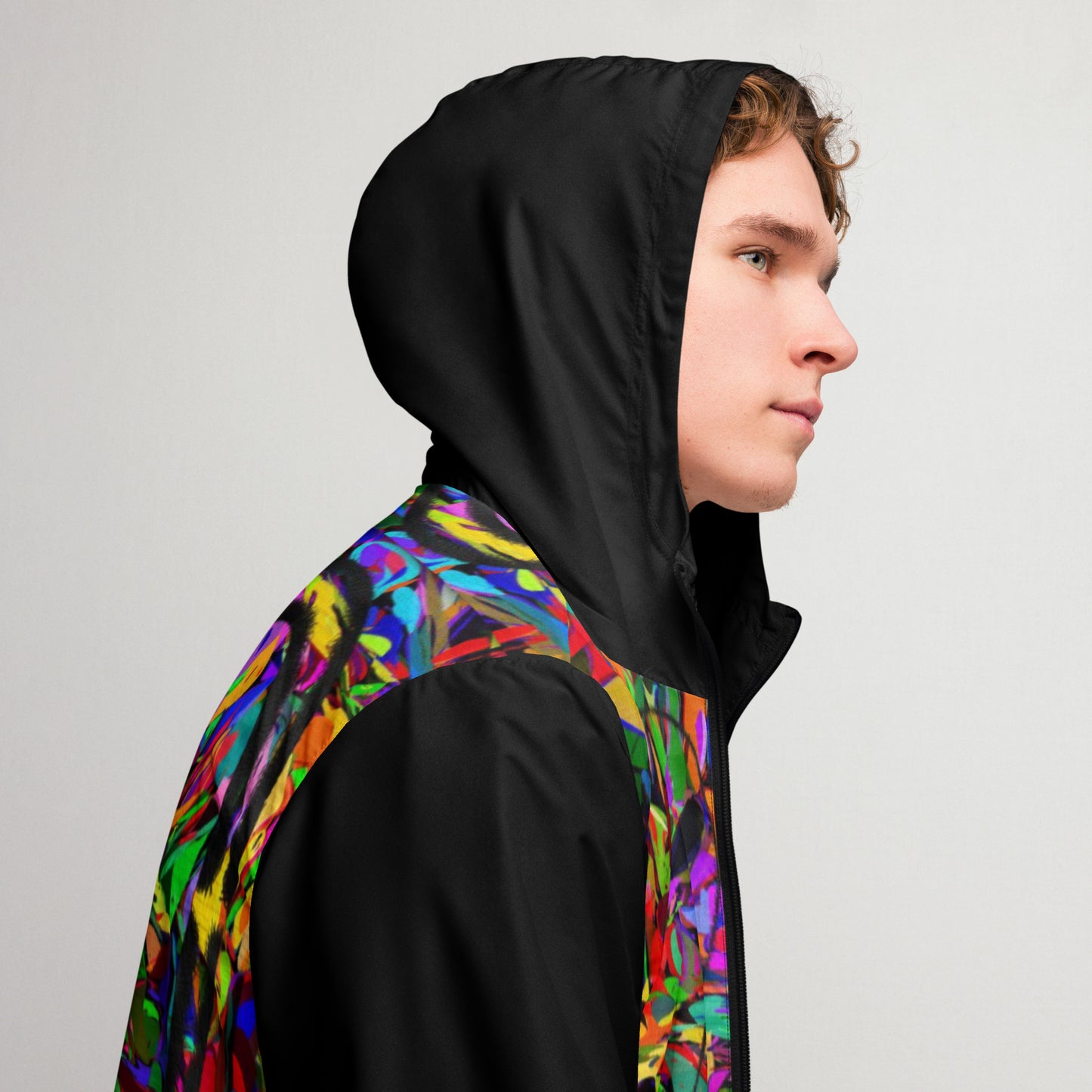 Hipyfi Neon Mythos Men's Windbreaker – vibrant abstract art print streetwear jacket with neon colors black-right-3