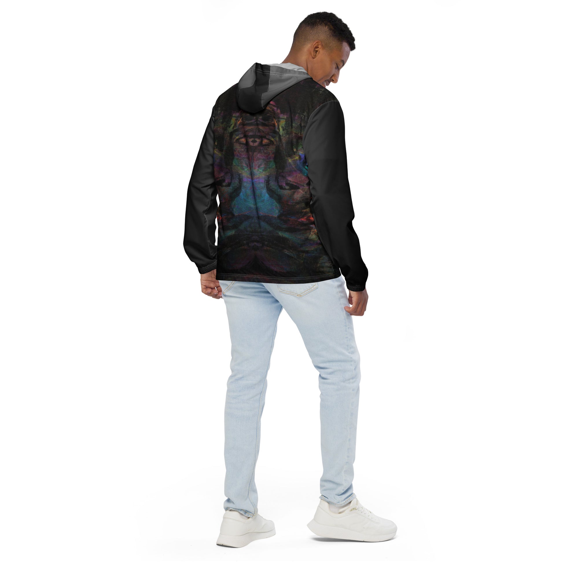 Hipyfi Chromatic Dreams Men’s Windbreaker: Bold abstract art jacket. Water-resistant, breathable streetwear for urban style. white-back-3