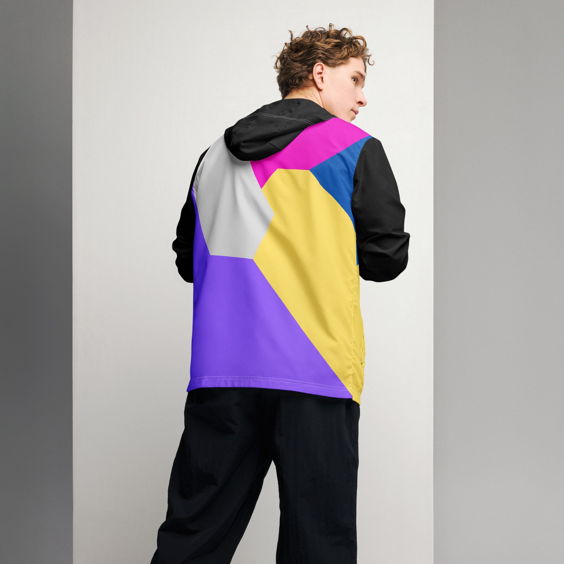 Hipyfi men's lightweight geometric windbreaker jacket with hood – abstract streetwear style in vibrant colors back