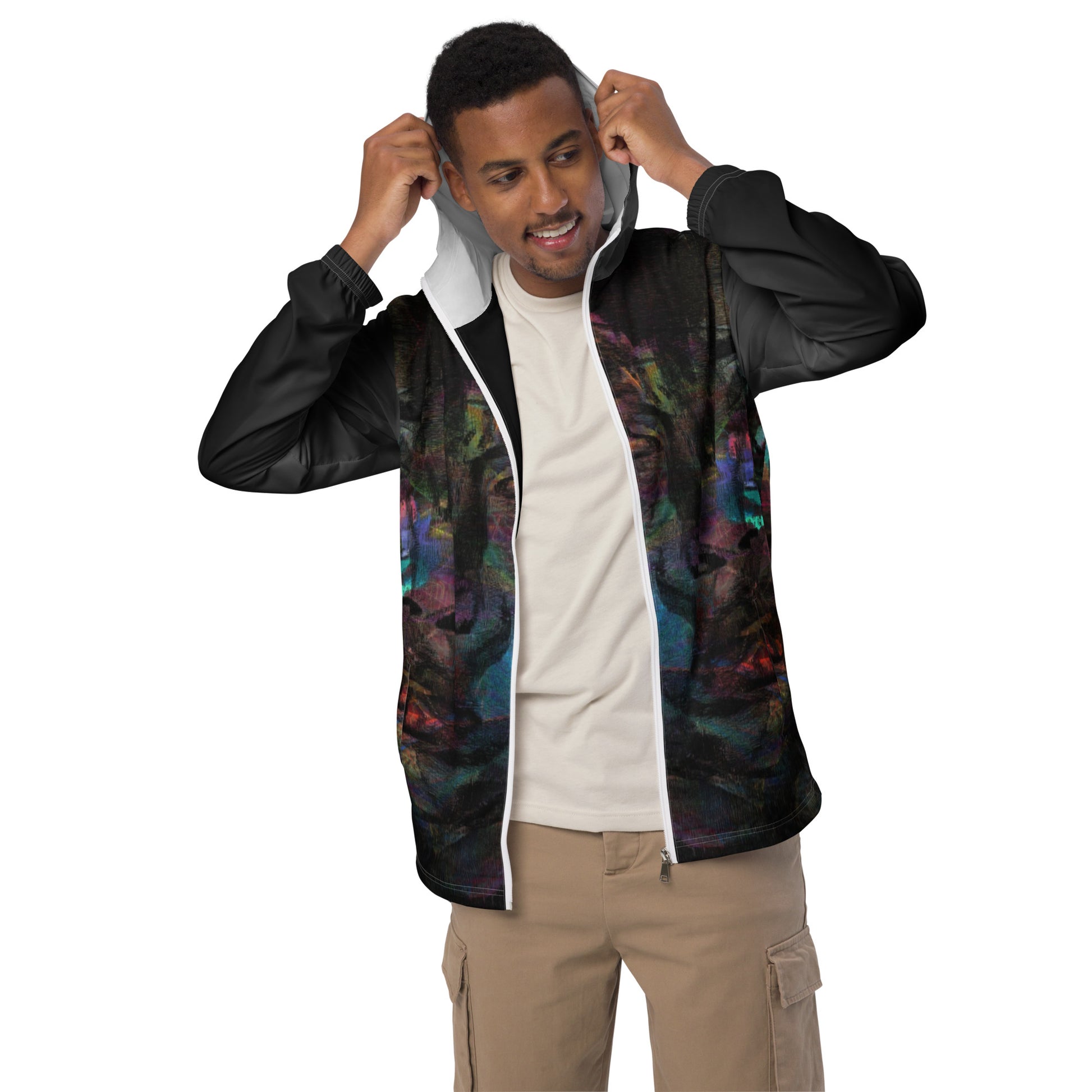 Hipyfi Chromatic Dreams Men’s Windbreaker: Bold abstract art jacket. Water-resistant, breathable streetwear for urban style. white-front-2
