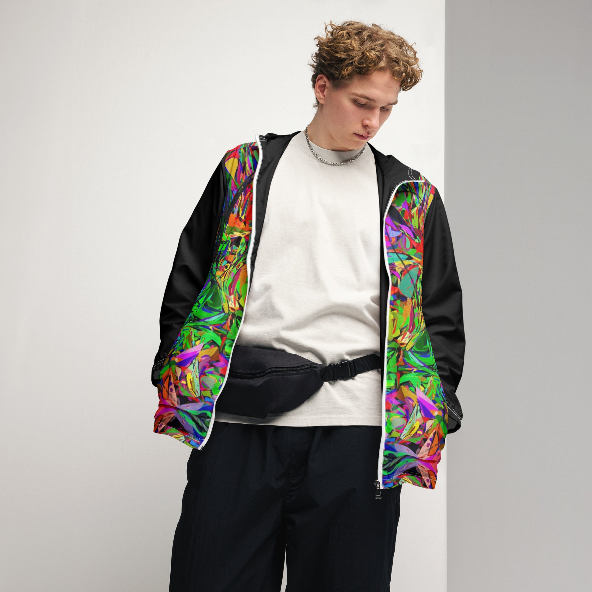 Hipyfi Neon Mythos Men's Windbreaker – vibrant abstract art print streetwear jacket with neon colors white-front-6