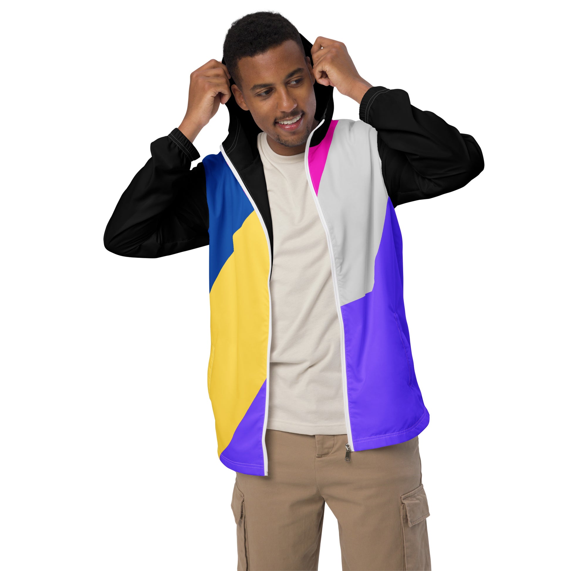 Hipyfi men's lightweight geometric windbreaker jacket with hood – abstract streetwear style in vibrant colors front-3