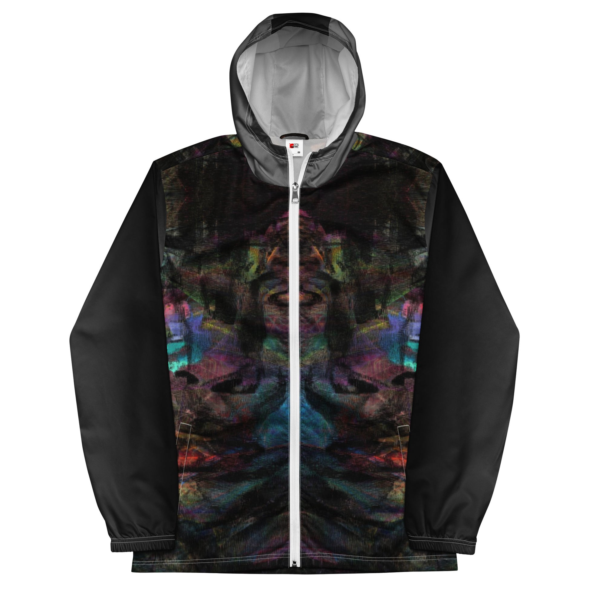 Hipyfi Chromatic Dreams Men’s Windbreaker: Bold abstract art jacket. Water-resistant, breathable streetwear for urban style. white-front-5