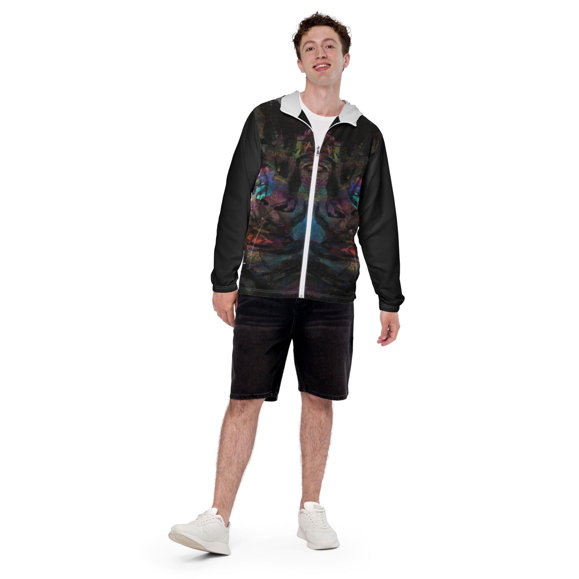 Hipyfi Chromatic Dreams Men’s Windbreaker: Bold abstract art jacket. Water-resistant, breathable streetwear for urban style. white-front-3