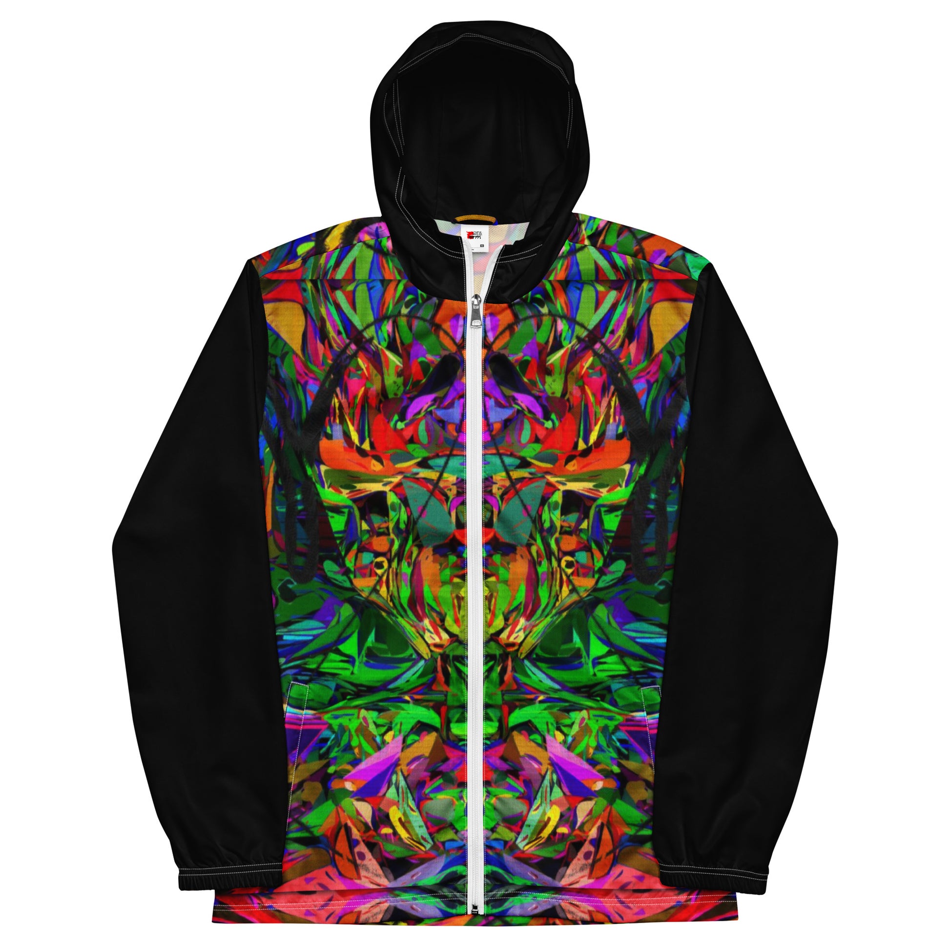 Hipyfi Neon Mythos Men's Windbreaker – vibrant abstract art print streetwear jacket with neon colors white-front-5