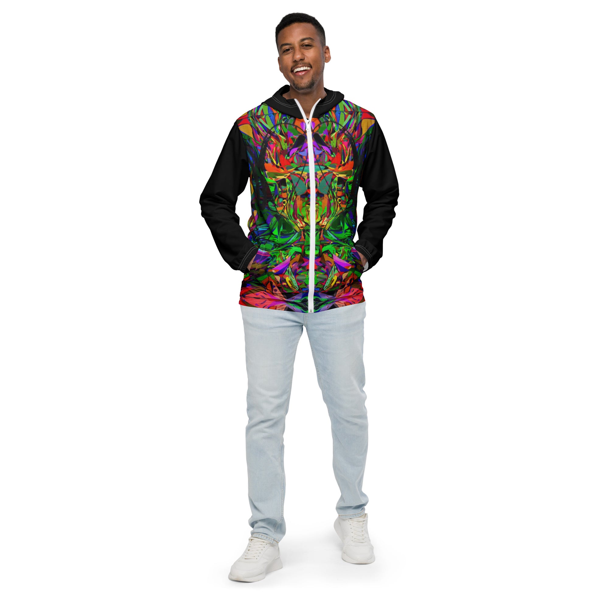 Hipyfi Neon Mythos Men's Windbreaker – vibrant abstract art print streetwear jacket with neon colors white-front-3