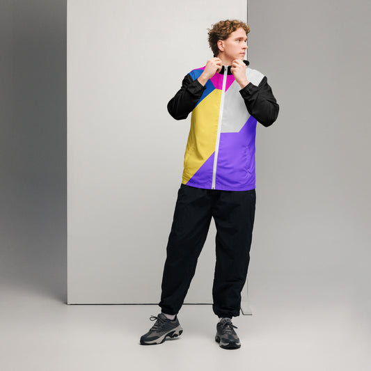 Hipyfi men's lightweight geometric windbreaker jacket with hood – abstract streetwear style in vibrant colors front