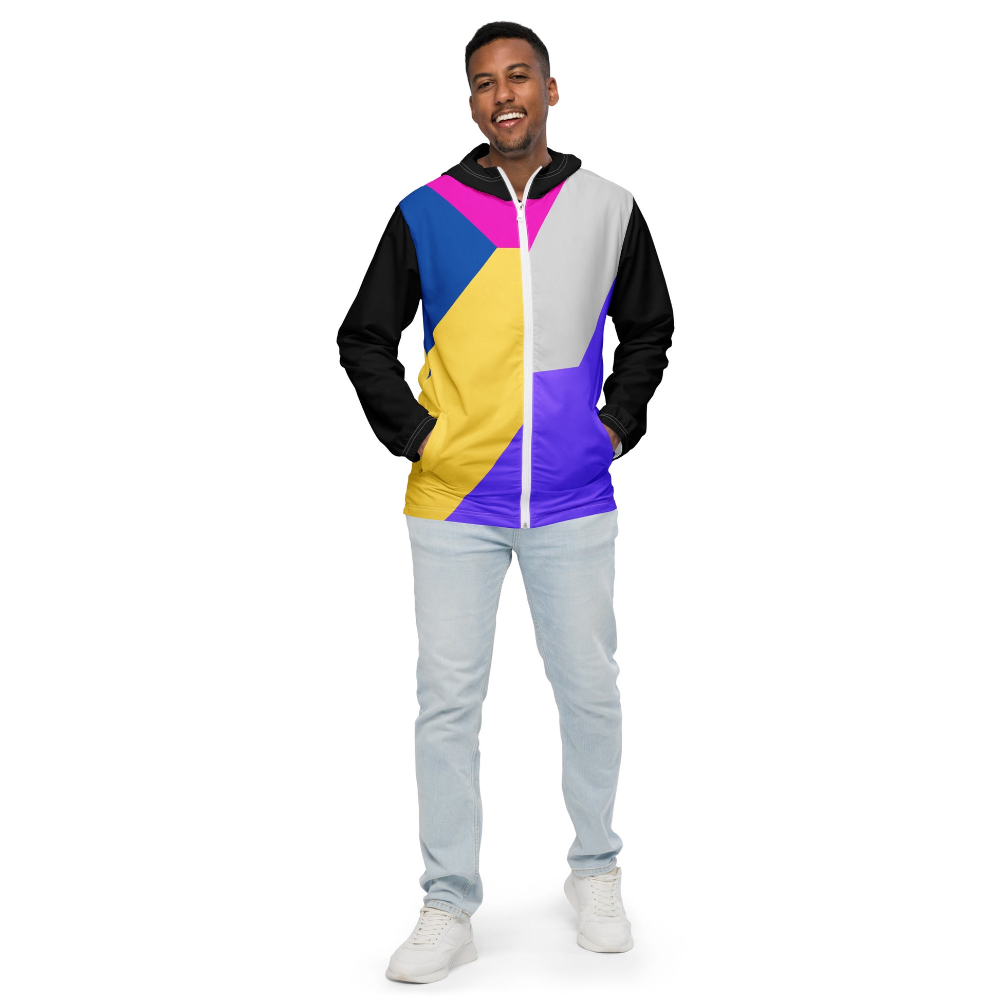 Hipyfi men's lightweight geometric windbreaker jacket with hood – abstract streetwear style in vibrant colors front-4