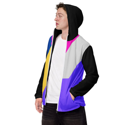 Hipyfi men's lightweight geometric windbreaker jacket with hood – abstract streetwear style in vibrant colors left-front